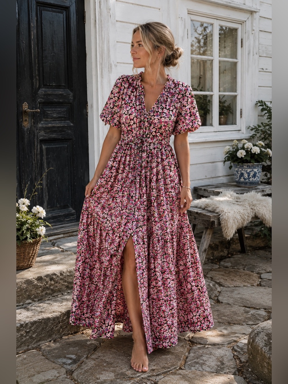 Banjanan Pink Floral Puff Sleeve %100 Cotton Maxi Dress US XL